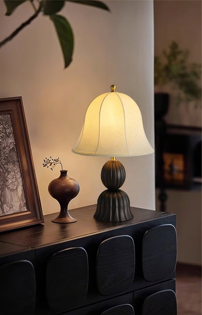 Vintage Floral Bell Shade Table Lamp with Dark Walnut Base