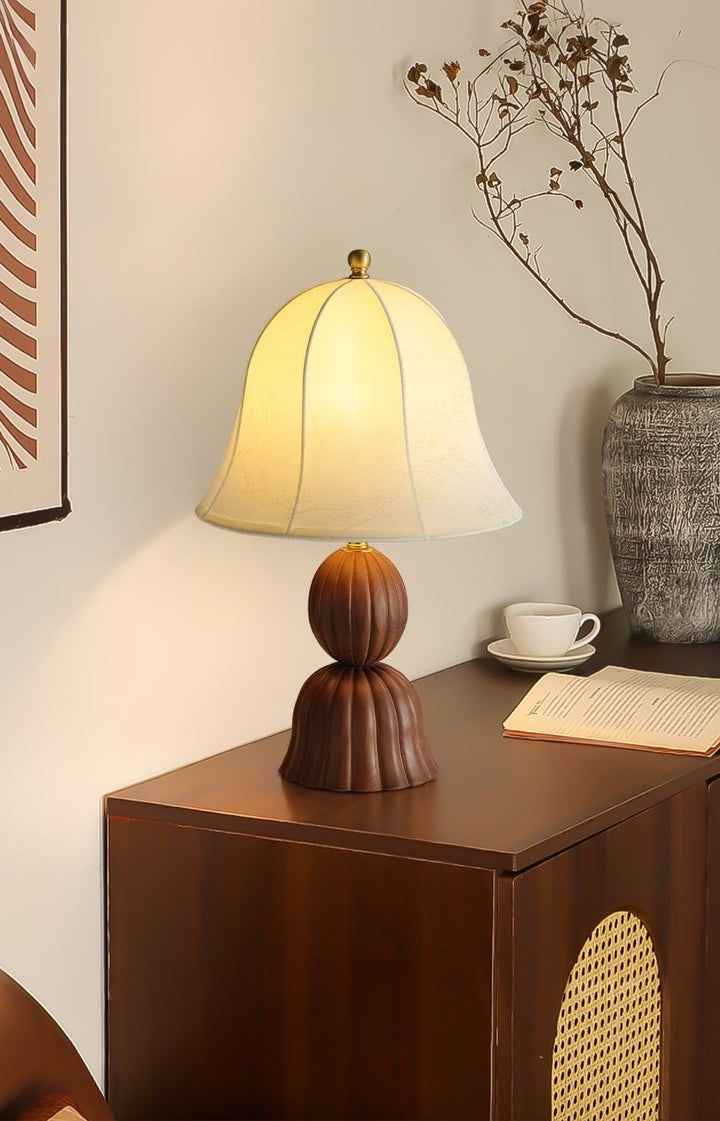 Vintage Floral Bell Shade Table Lamp with Dark Walnut Base