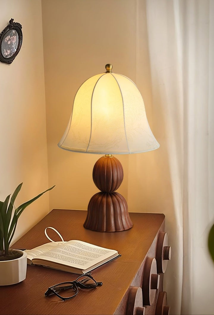 Vintage Floral Bell Shade Table Lamp with Dark Walnut Base