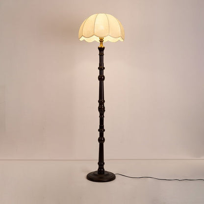 Vintage Sculpted Wood Floor Lamp with Fabric Shade