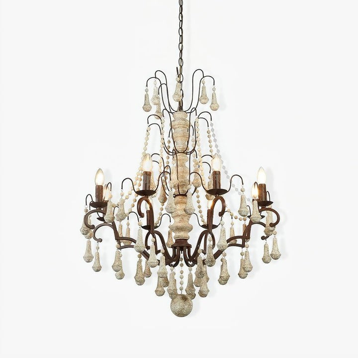 Vintage-Inspired 8-Light Wood and Metal Chandelier with Beaded Detail