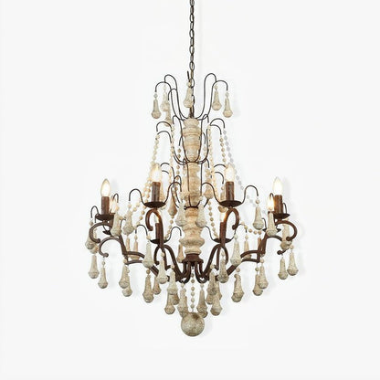Vintage-Inspired 8-Light Wood and Metal Chandelier with Beaded Detail