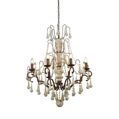 Vintage-Inspired 8-Light Wood and Metal Chandelier with Beaded Detail