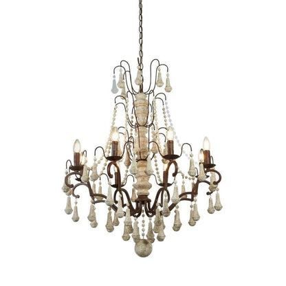 Vintage-Inspired 8-Light Wood and Metal Chandelier with Beaded Detail
