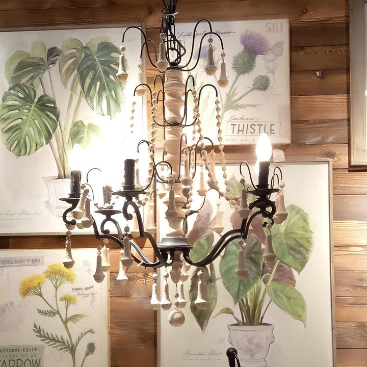 Vintage-Inspired 8-Light Wood and Metal Chandelier with Beaded Detail