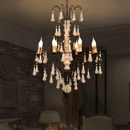 Vintage-Inspired 8-Light Wood and Metal Chandelier with Beaded Detail