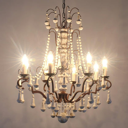 Vintage-Inspired 8-Light Wood and Metal Chandelier with Beaded Detail
