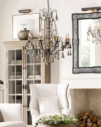 Vintage-Inspired 8-Light Wood and Metal Chandelier with Beaded Detail