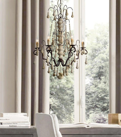 Vintage-Inspired 8-Light Wood and Metal Chandelier with Beaded Detail
