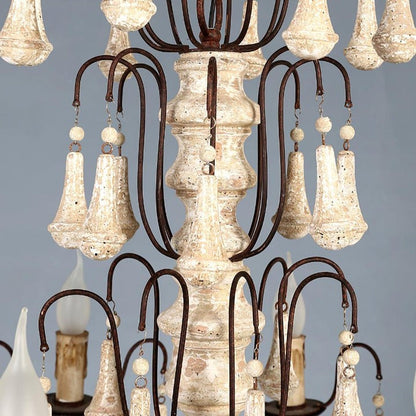 Vintage-Inspired 8-Light Wood and Metal Chandelier with Beaded Detail