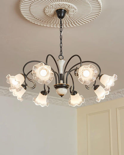 Vintage-Style Black Floral Chandelier with Brass & Glass Accents