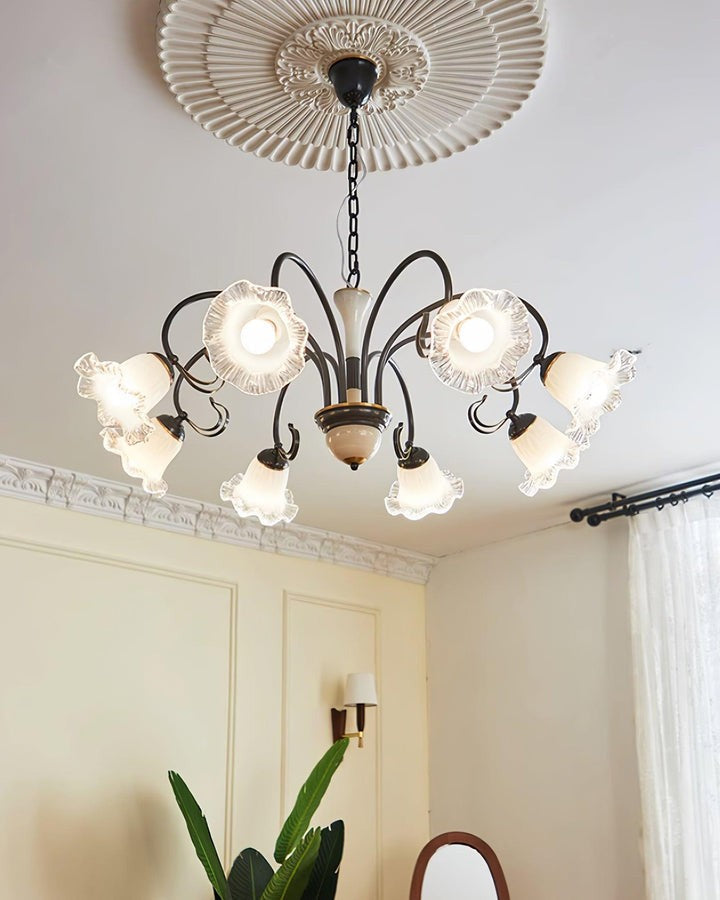 Vintage-Style Black Floral Chandelier with Brass & Glass Accents