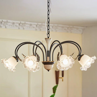 Vintage-Style Black Floral Chandelier with Brass & Glass Accents