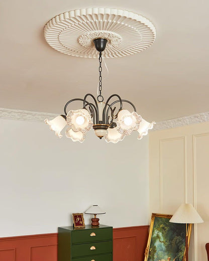 Vintage-Style Black Floral Chandelier with Brass & Glass Accents