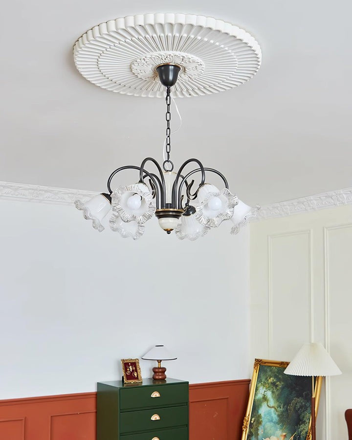 Vintage-Style Black Floral Chandelier with Brass & Glass Accents