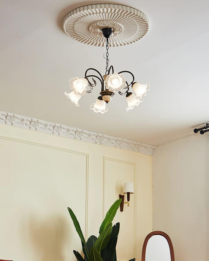 Vintage-Style Black Floral Chandelier with Brass & Glass Accents