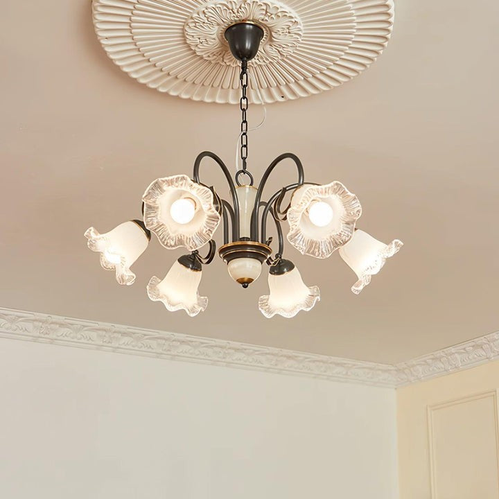 Vintage-Style Black Floral Chandelier with Brass & Glass Accents