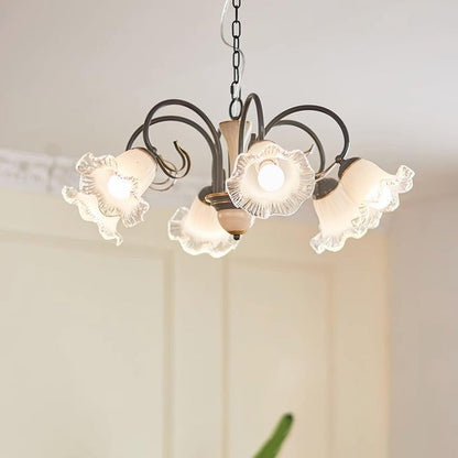 Vintage-Style Black Floral Chandelier with Brass & Glass Accents