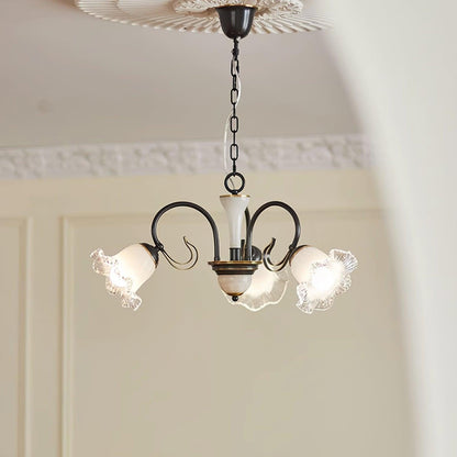 Vintage-Style Black Floral Chandelier with Brass & Glass Accents