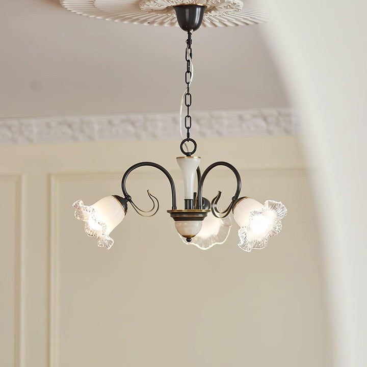 Vintage-Style Black Floral Chandelier with Brass & Glass Accents