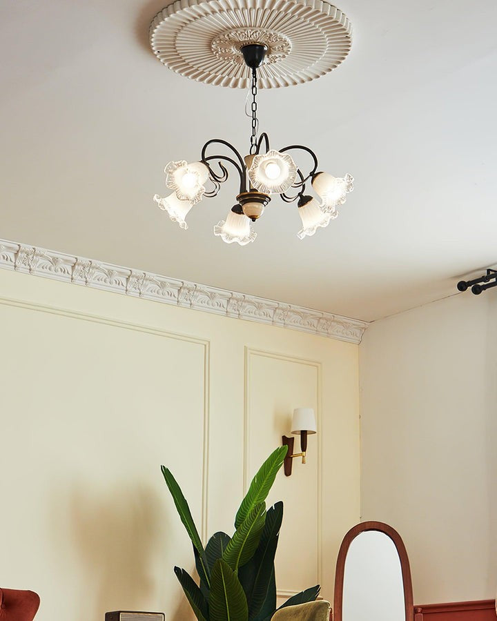 Vintage-Style Black Floral Chandelier with Brass & Glass Accents