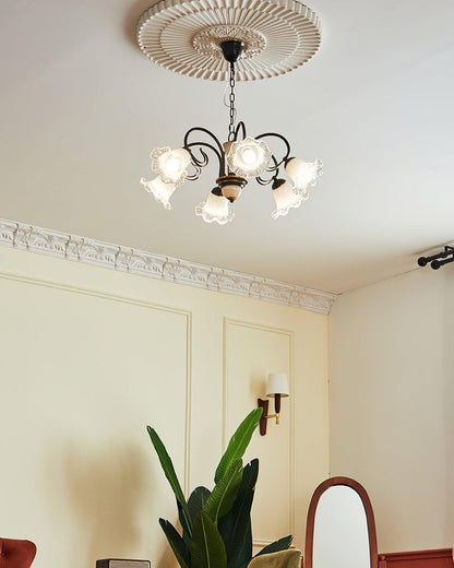 Vintage-Style Black Floral Chandelier with Brass & Glass Accents