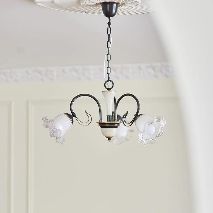 Vintage-Style Black Floral Chandelier with Brass & Glass Accents
