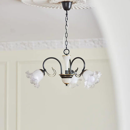 Vintage-Style Black Floral Chandelier with Brass & Glass Accents