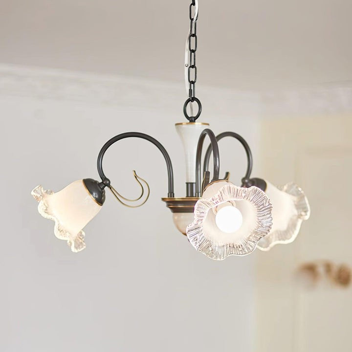 Vintage-Style Black Floral Chandelier with Brass & Glass Accents