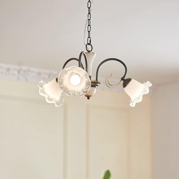 Vintage-Style Black Floral Chandelier with Brass & Glass Accents