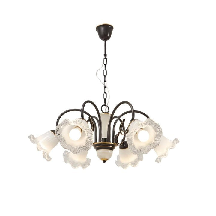 Vintage-Style Black Floral Chandelier with Brass & Glass Accents