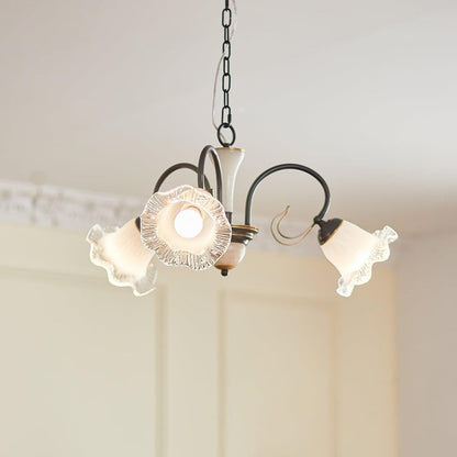 Vintage-Style Black Floral Chandelier with Brass & Glass Accents