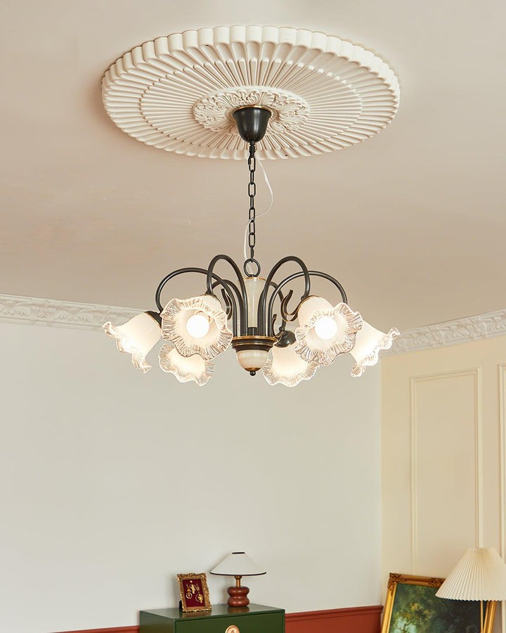 Vintage-Style Black Floral Chandelier with Brass & Glass Accents