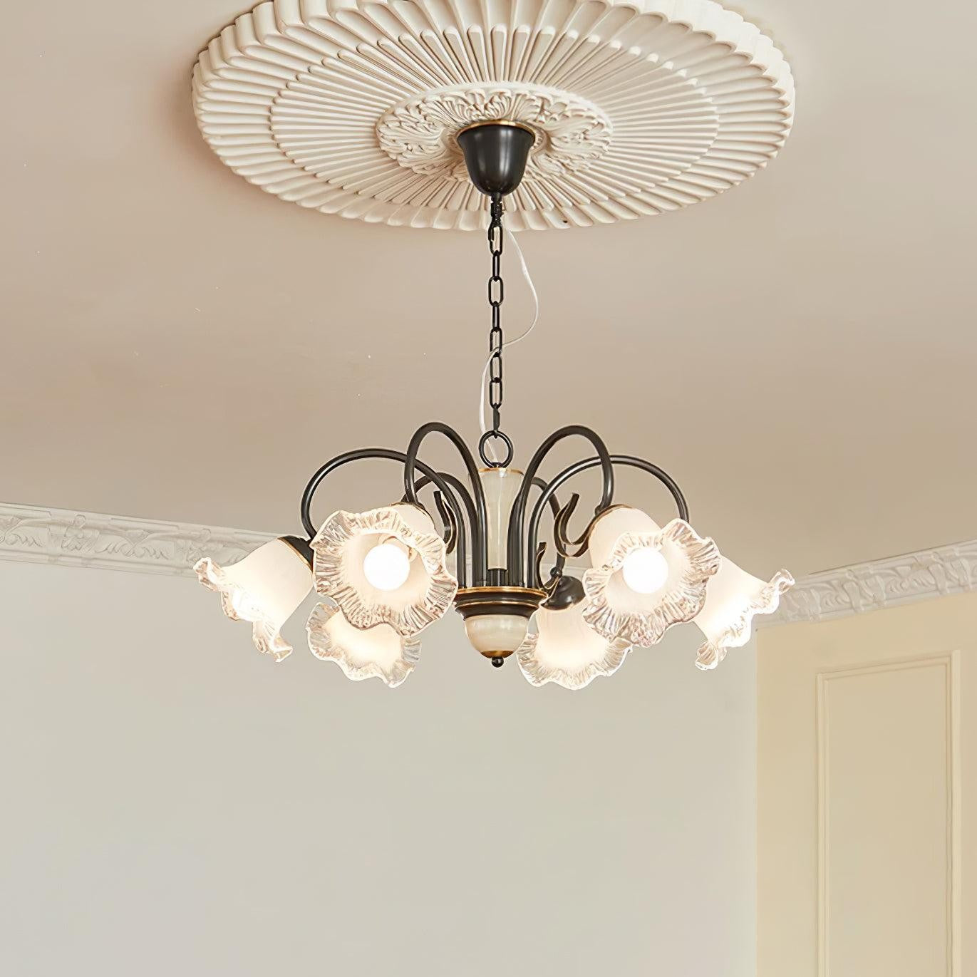 Vintage-Style Black Floral Chandelier with Brass & Glass Accents