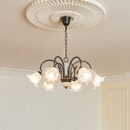 Vintage-Style Black Floral Chandelier with Brass & Glass Accents