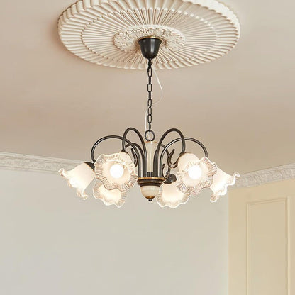 Vintage-Style Black Floral Chandelier with Brass & Glass Accents