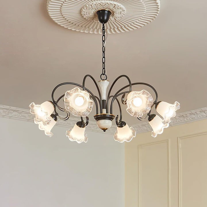 Vintage-Style Black Floral Chandelier with Brass & Glass Accents