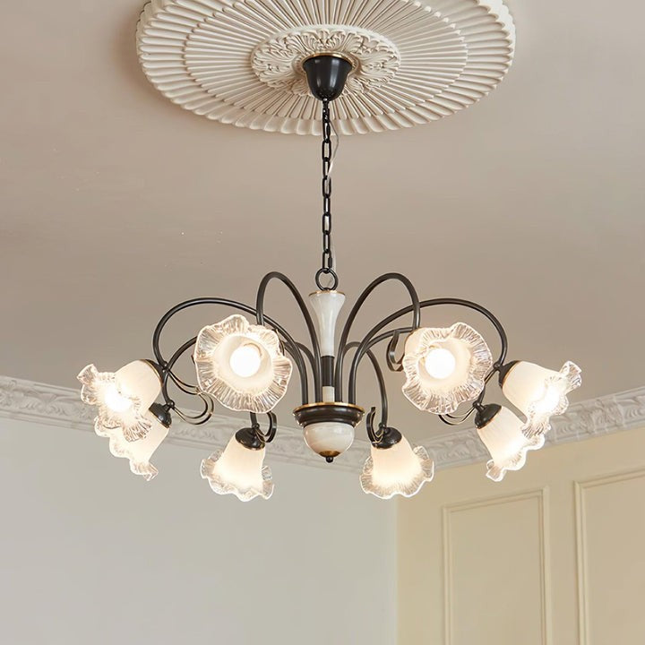 Vintage-Style Black Floral Chandelier with Brass & Glass Accents