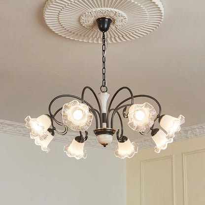 Vintage-Style Black Floral Chandelier with Brass & Glass Accents
