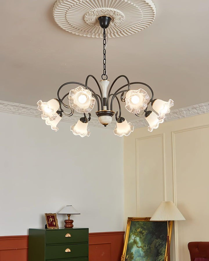 Vintage-Style Black Floral Chandelier with Brass & Glass Accents