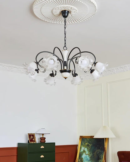 Vintage-Style Black Floral Chandelier with Brass & Glass Accents