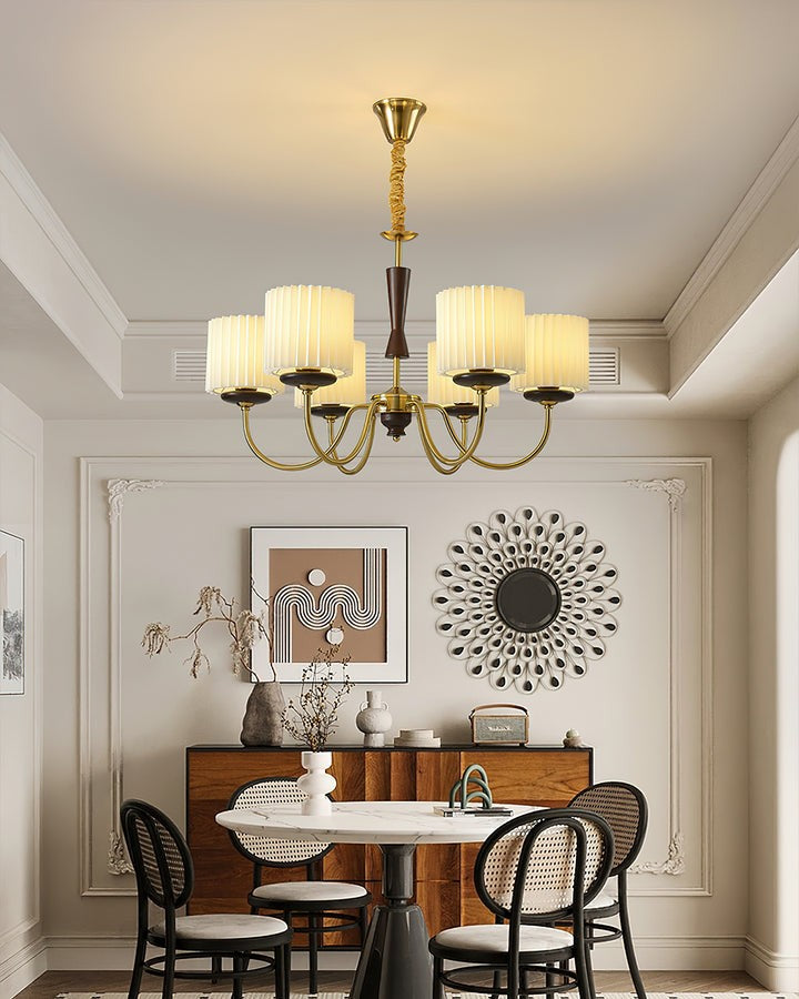 Walnut & Copper Multi-Arm Pleated Shade Chandelier