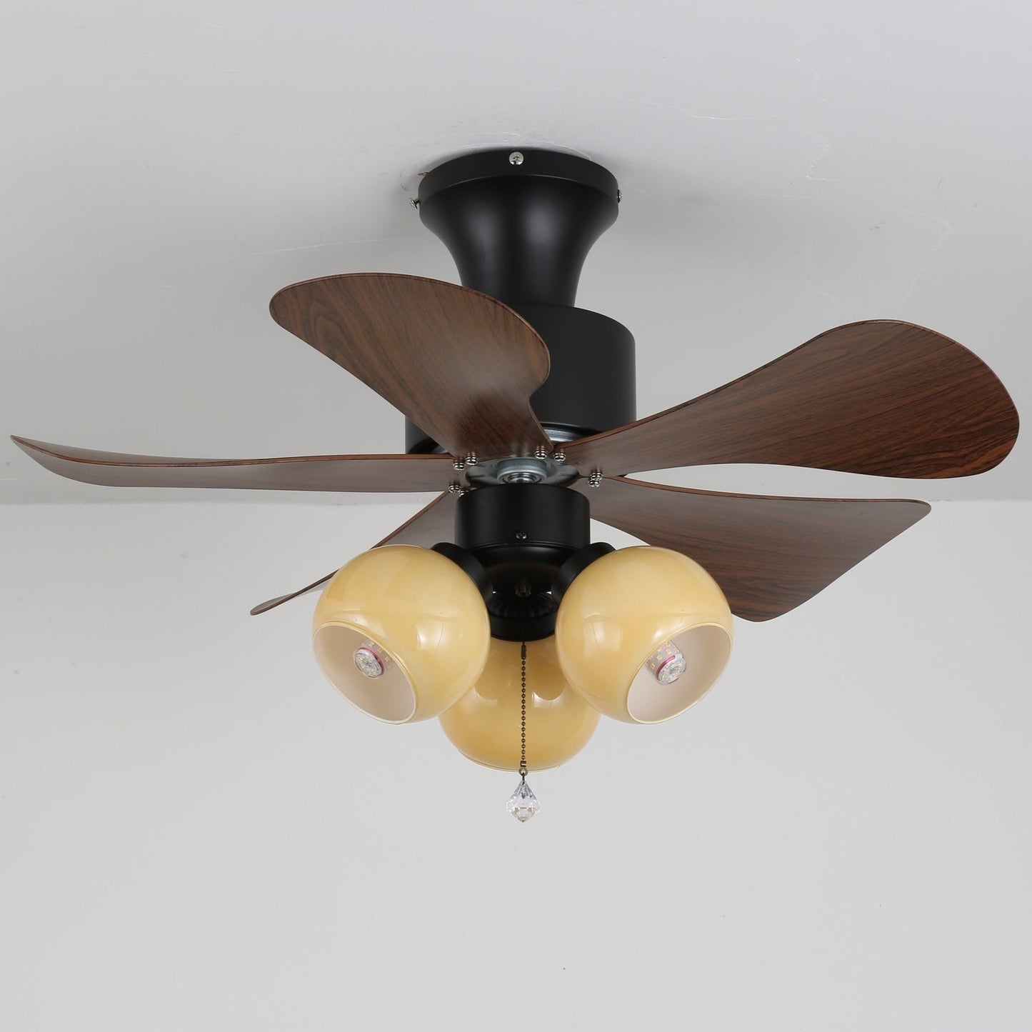 Walnut Woodgrain Ceiling Fan Light with Amber Glass Globes
