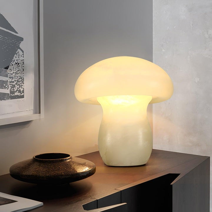 White Alabaster Mushroom Table Lamp with Brass Base