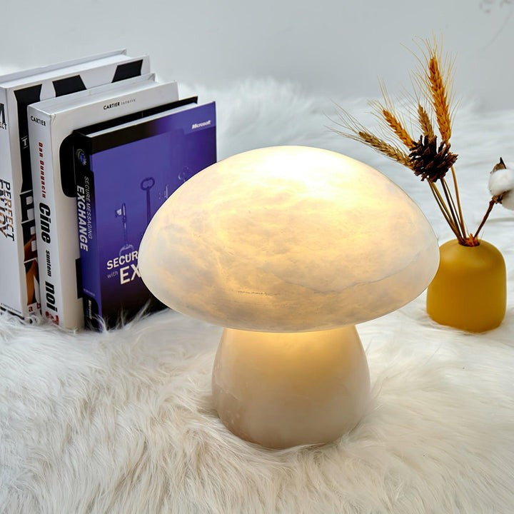 White Alabaster Mushroom Table Lamp with Brass Base