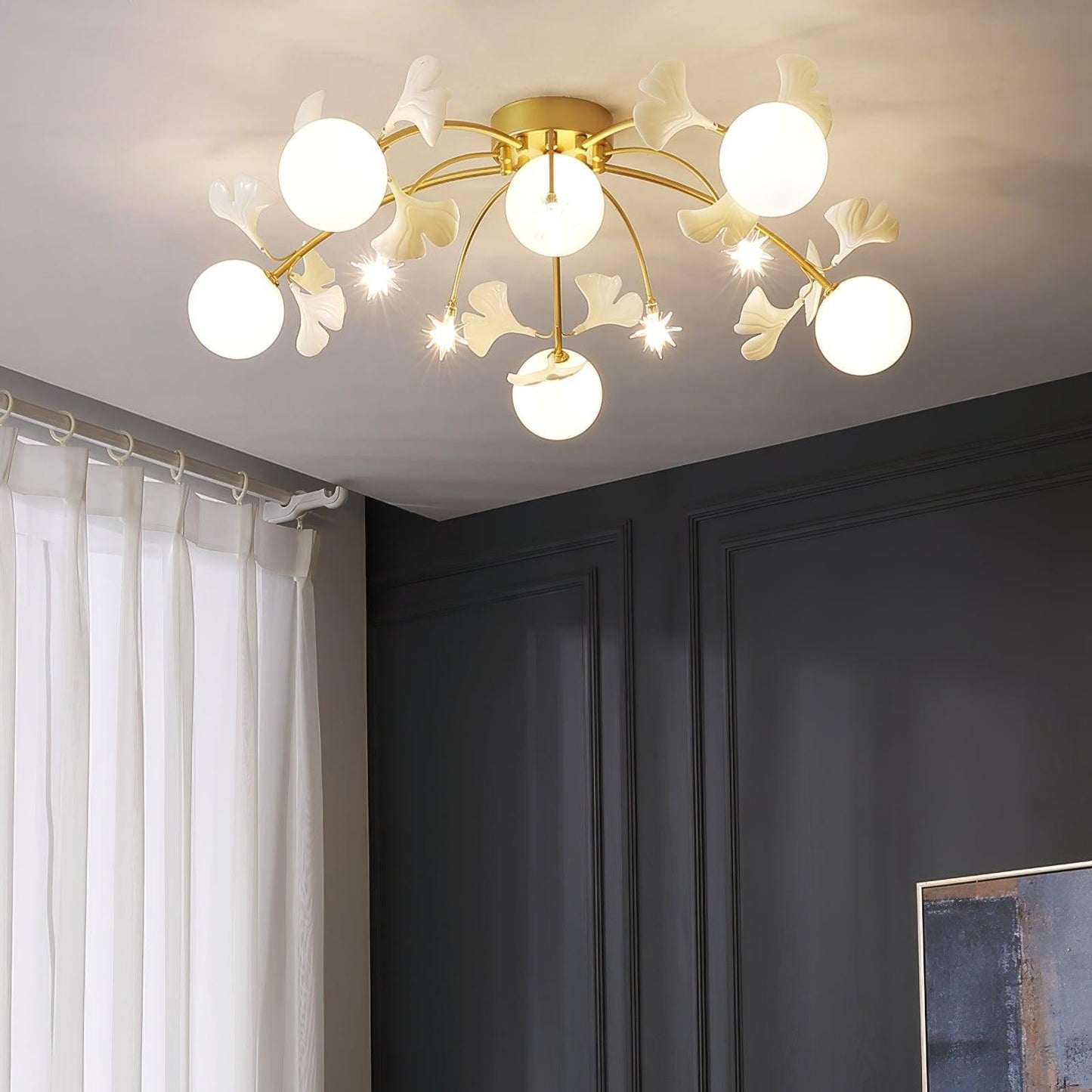 White Glass Globe Multi-Head Ceiling Light with Gold Metal Frame