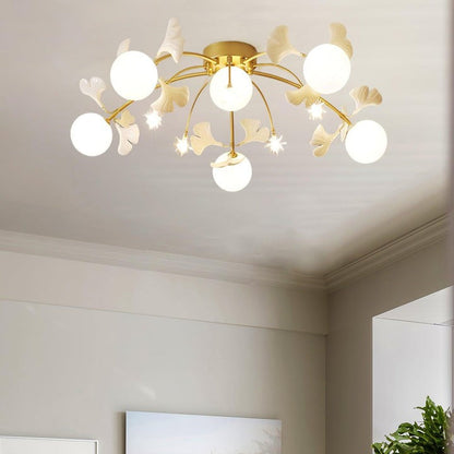 White Glass Globe Multi-Head Ceiling Light with Gold Metal Frame