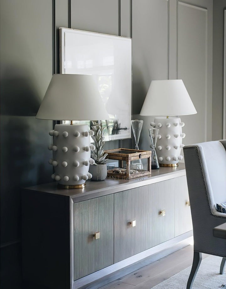 White Polka Dot Ceramic Table Lamp with Brass Accents