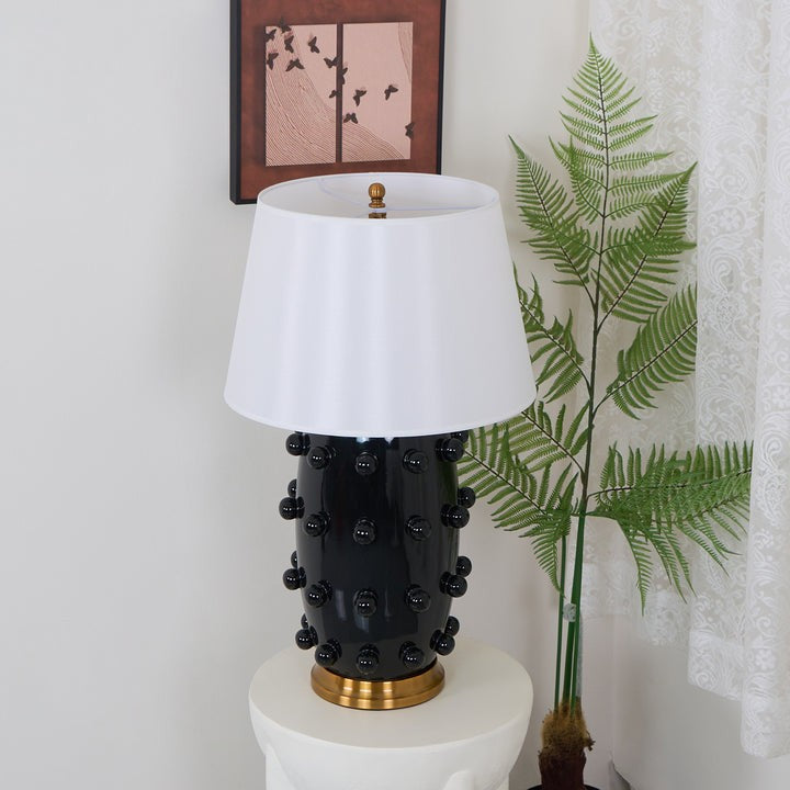 White Polka Dot Ceramic Table Lamp with Brass Accents