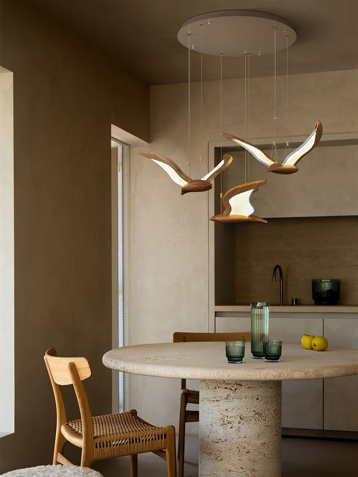 Wing-Shaped LED Pendant Lamp with Wooden Accents